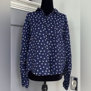 Urban Outfitters BDG Navy Bow Print Sheer Button Up Blouse Top Shirt Size M